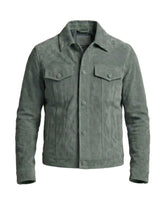 Premium Grey-Green Suede Leather Jacket for Men – Classic Trucker Style