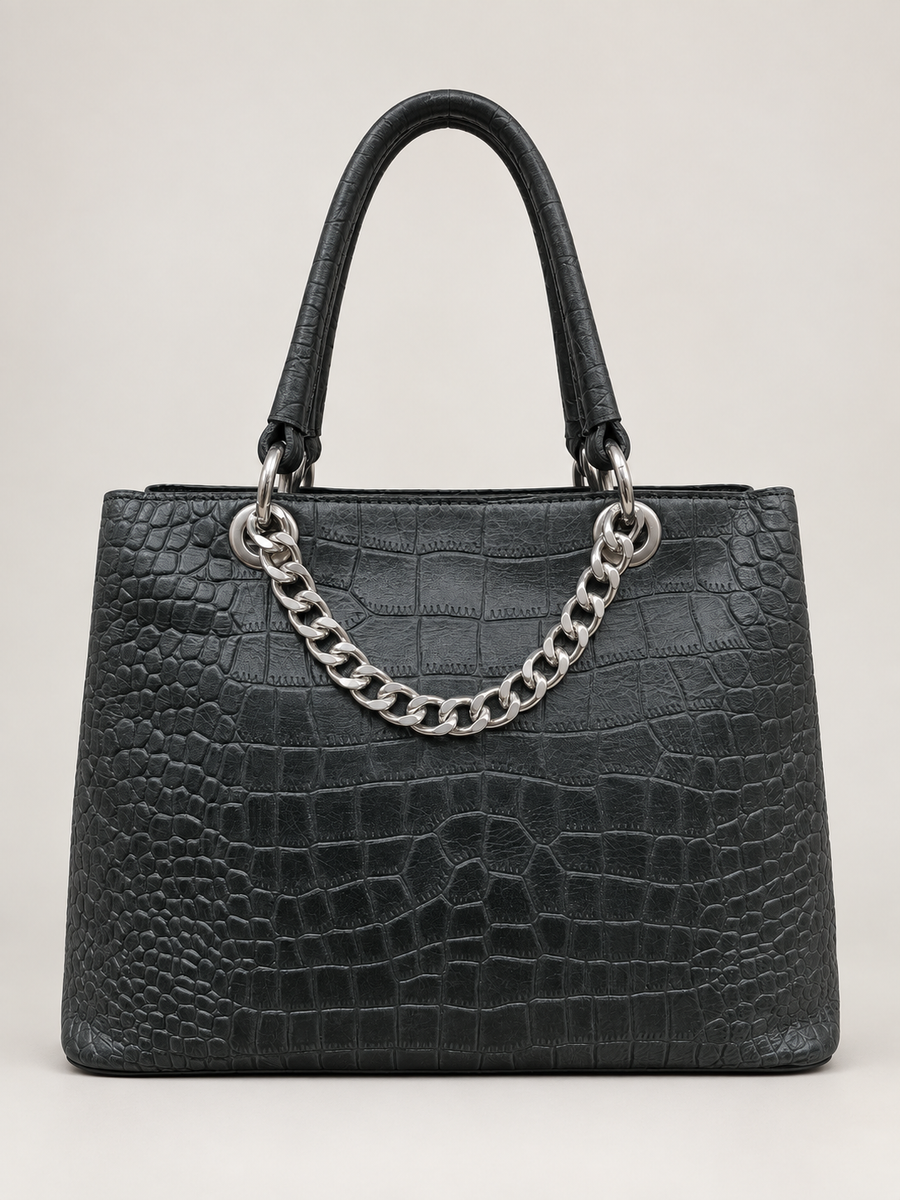 Women Black Croc Texture Handbag