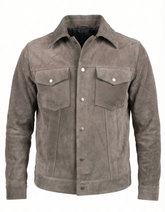 Premium Stone Grey Suede Leather Jacket for Men – Classic Trucker Style