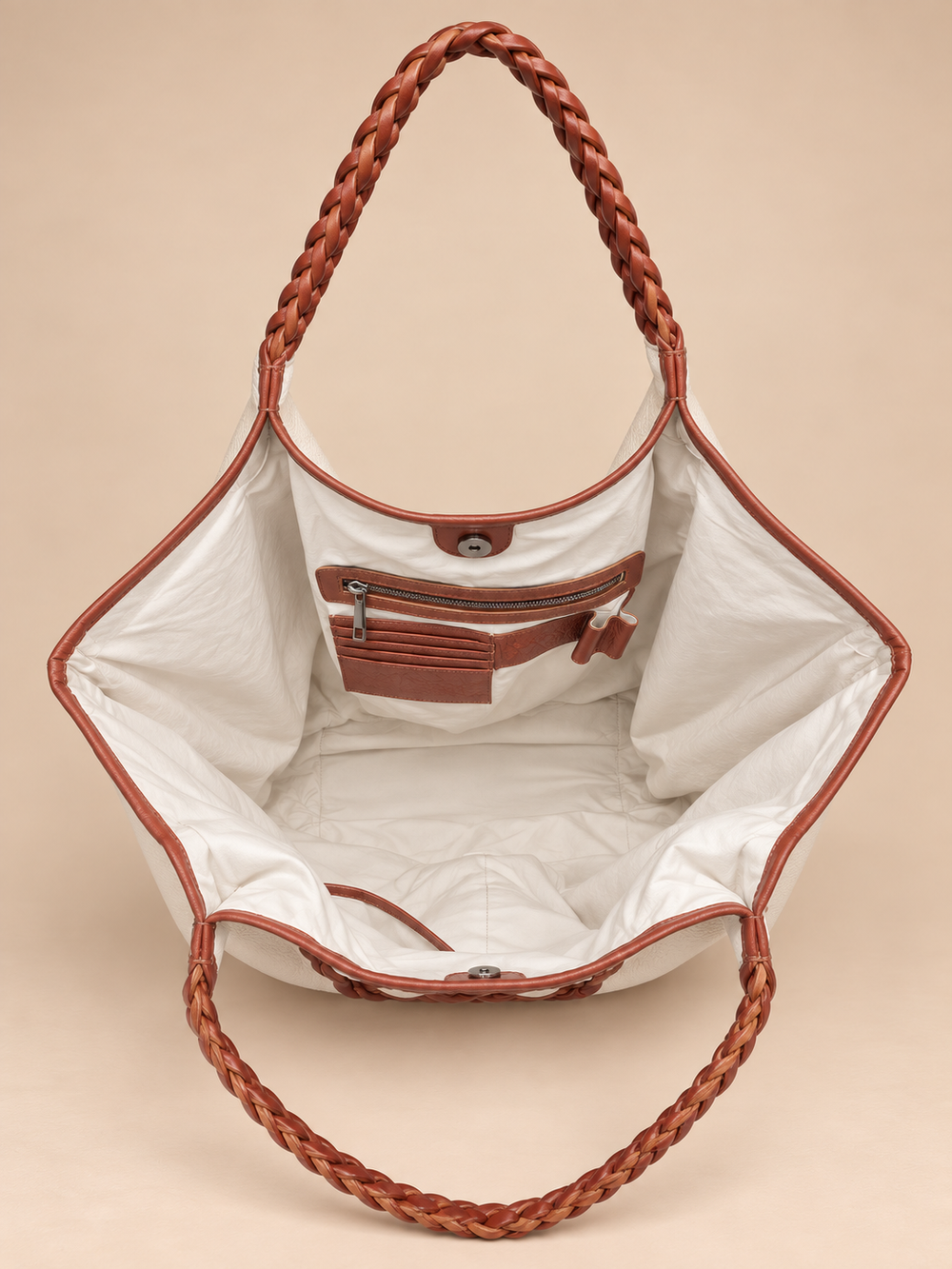 Braided Leather Tote Bag BROWN AND WHITE