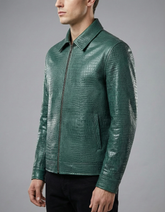 Green Crocodile Texture Leather Jacket