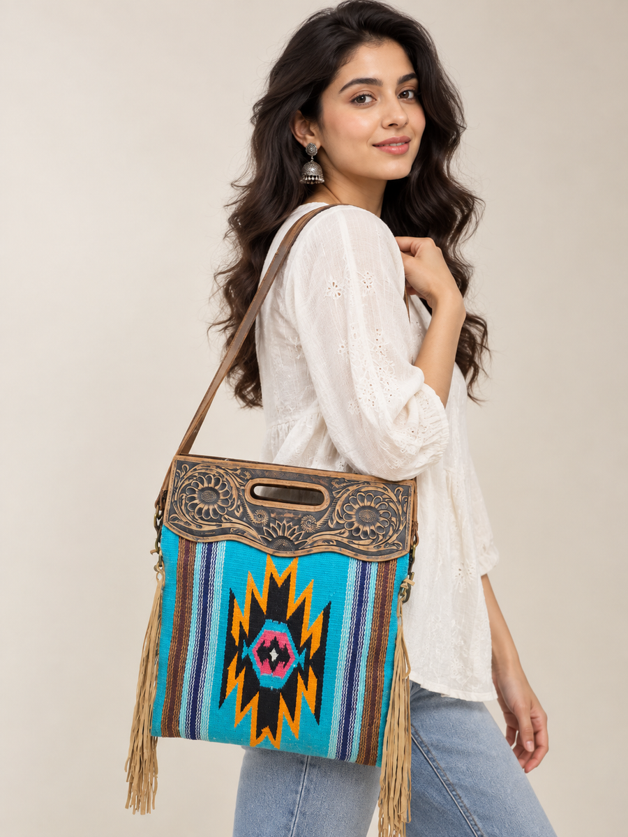 Leather Tribal Woven Fringe Tote Bag