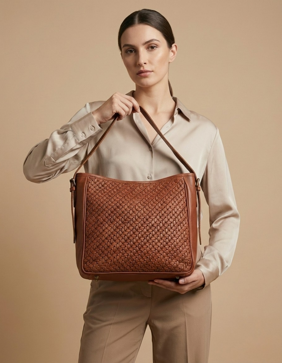 Tan Woven Leather Shoulder Bag