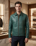 Green Crocodile Texture Leather Jacket
