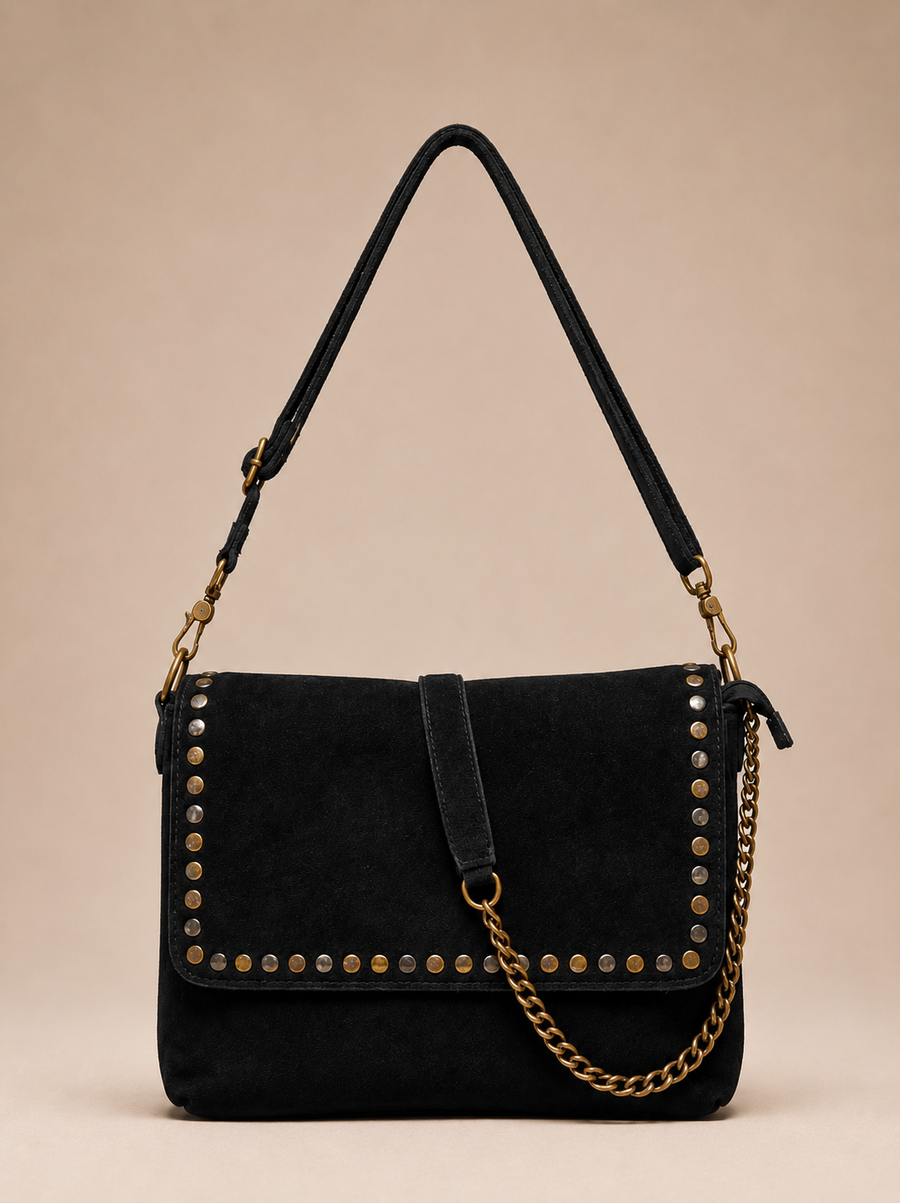 Black Studded Leather Sling Bag