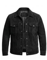 Men’s Black Leather Trucker Jacket – Classic Button Style