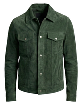 Premium Green Suede Leather Jacket for Men – Classic Trucker Style
