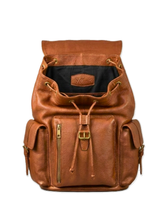 Tan Brown Genuine Leather Drawstring Backpack with Front Pockets