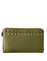 Women’s Olive Green Studded Leather Telephone Clutch Wallet