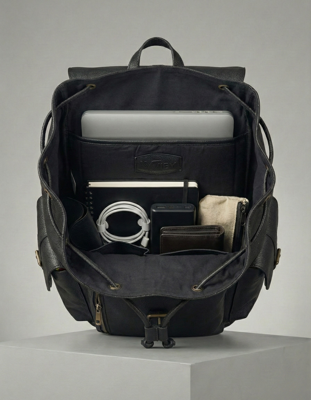 Unisex Black Genuine Leather Backpack with Front Pockets