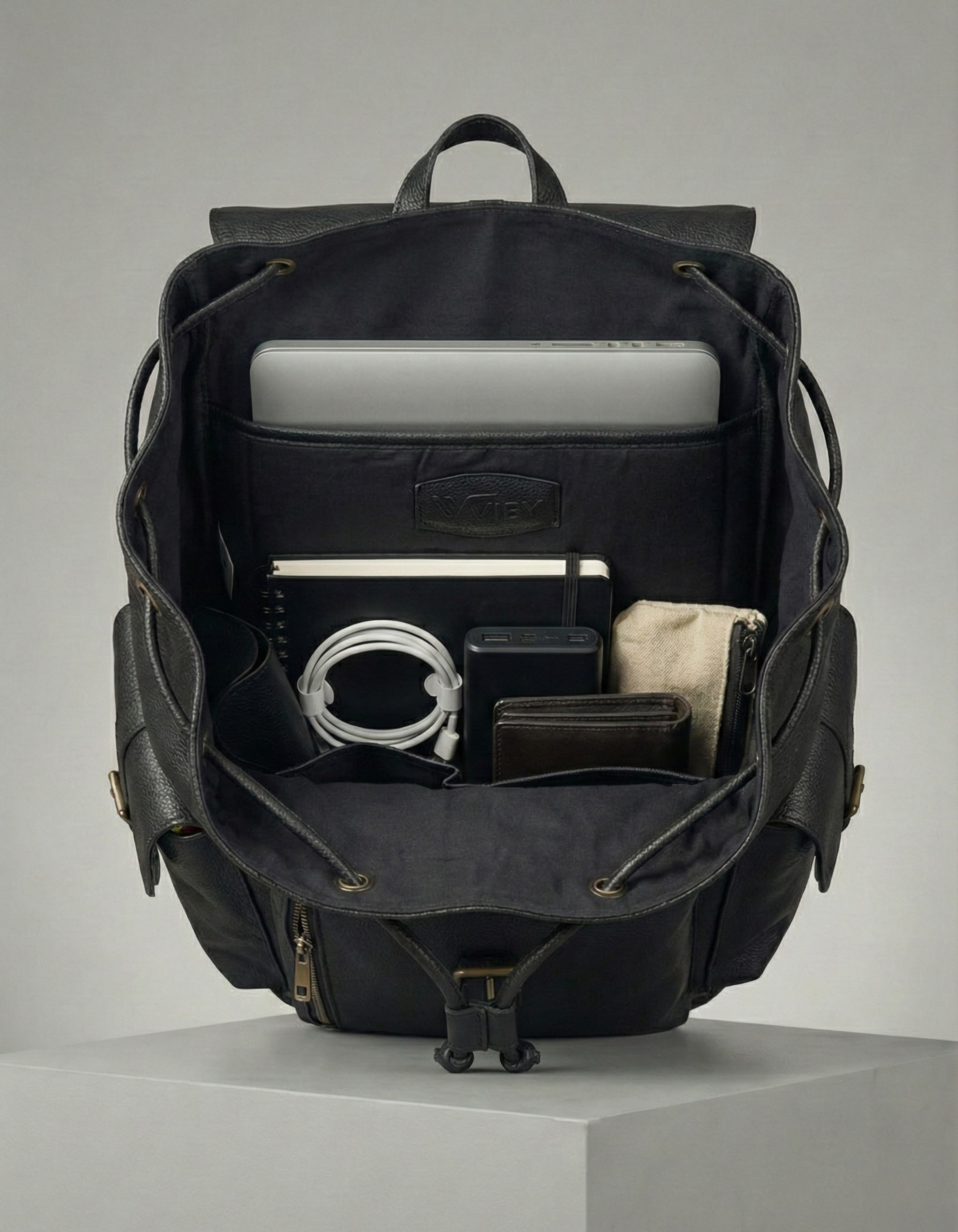 Unisex Black Genuine Leather Backpack with Front Pockets