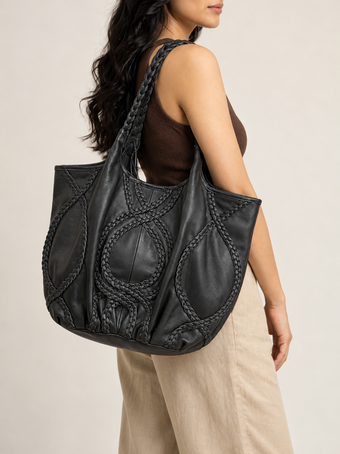 Braided Leather Tote Bag BLACK