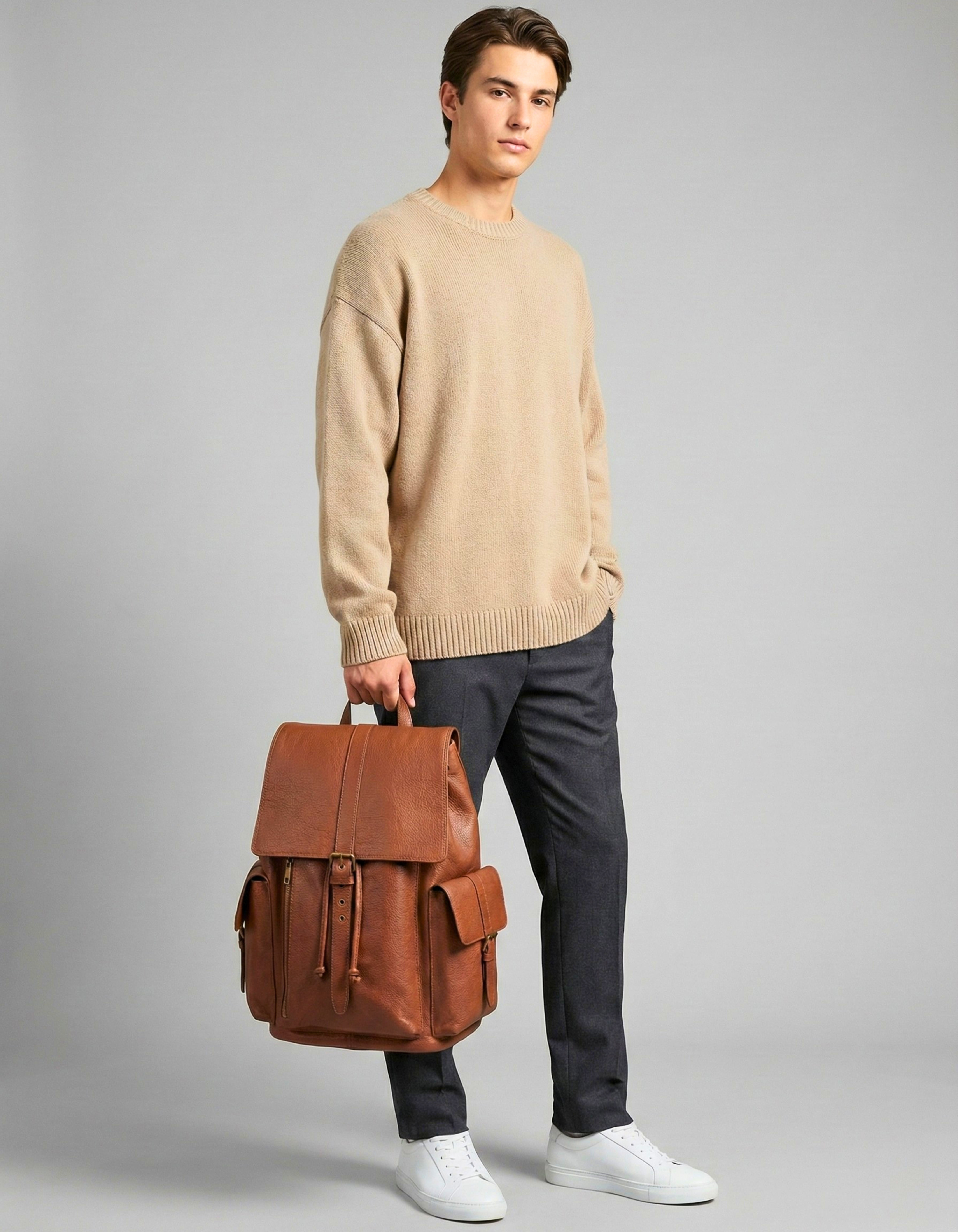 Tan Brown Genuine Leather Drawstring Backpack with Front Pockets