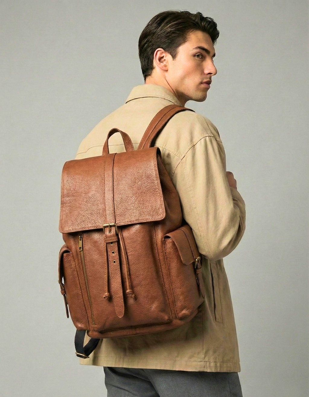 Tan Brown Genuine Leather Drawstring Backpack with Front Pockets