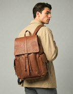 Tan Brown Genuine Leather Drawstring Backpack with Front Pockets