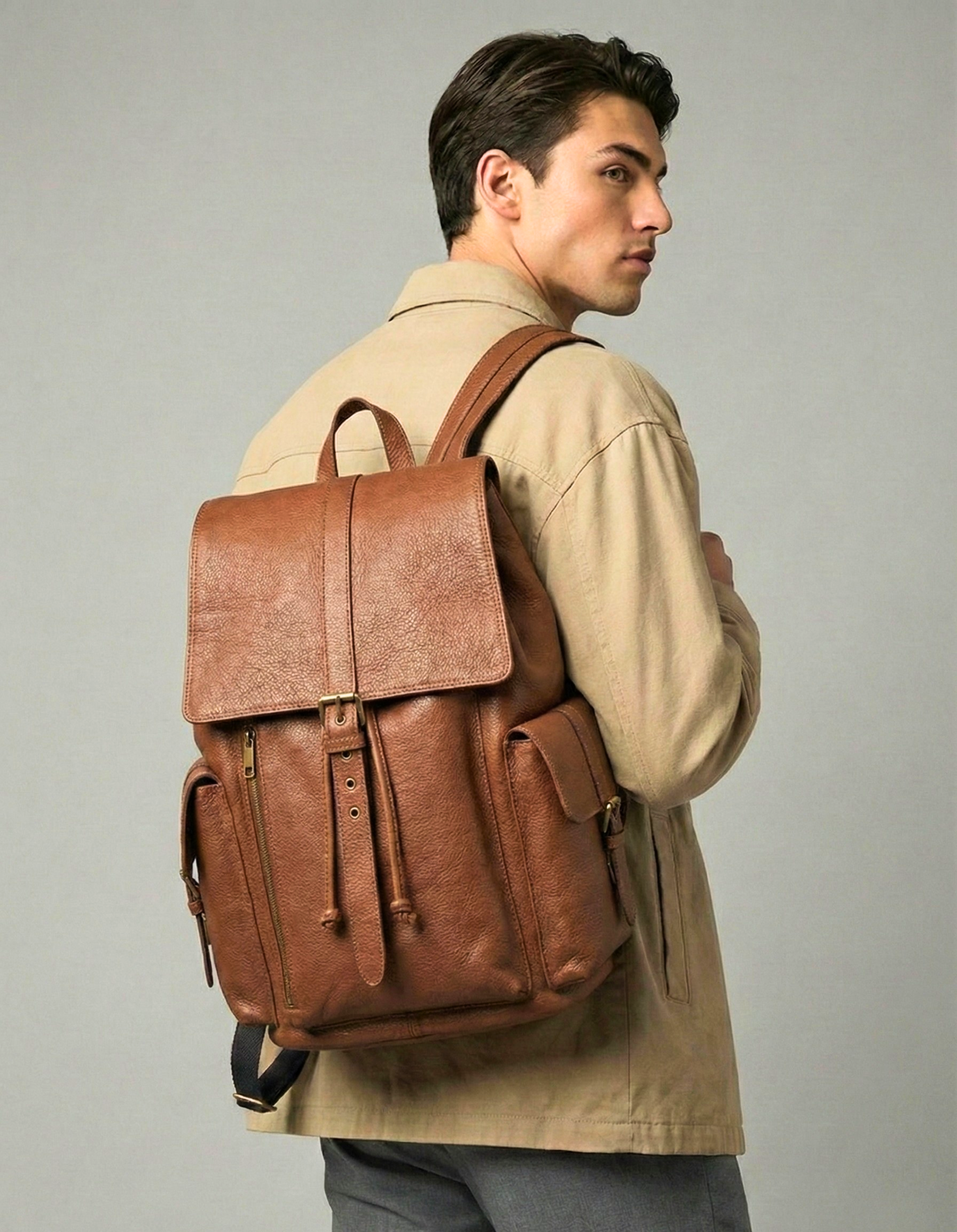 Tan Brown Genuine Leather Drawstring Backpack with Front Pockets