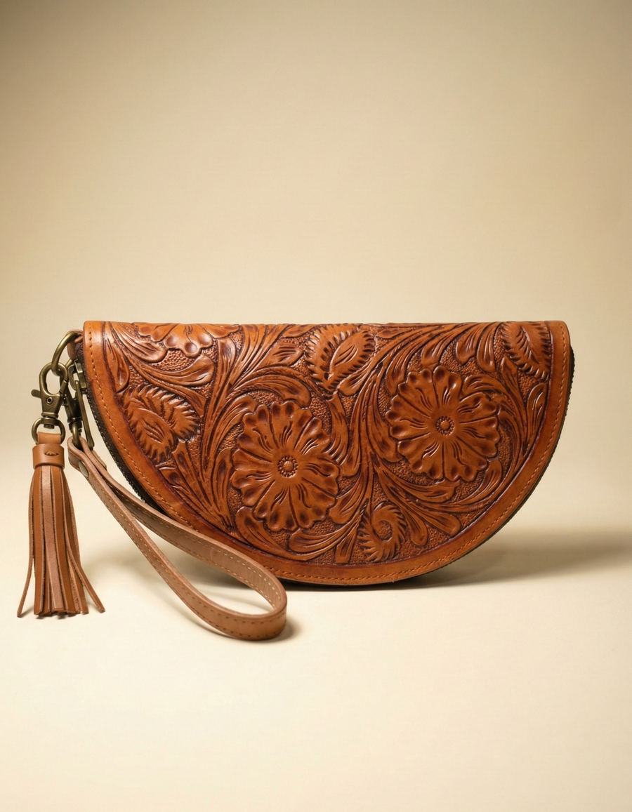 Handcrafted Tan Brown Tooled Leather Wristlet Clutch for Women