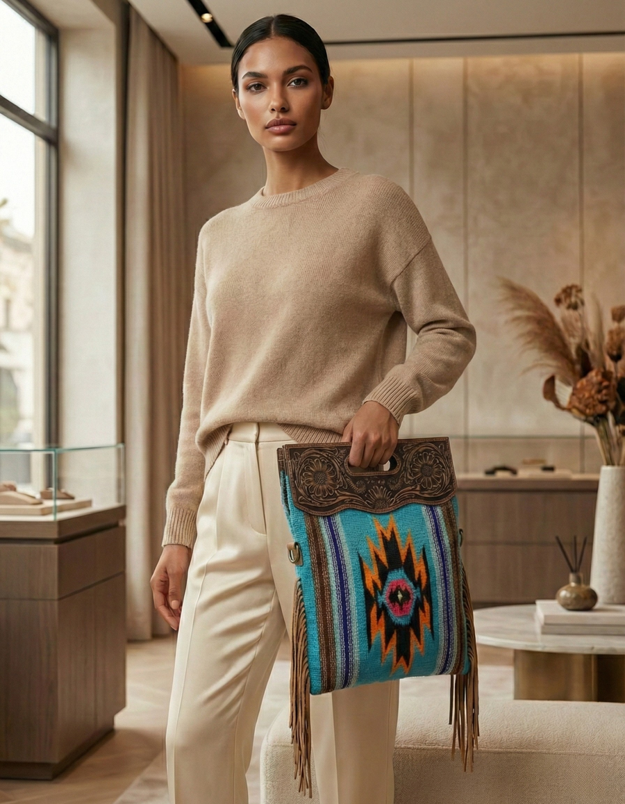 Artisan Handtooled Leather Tribal Woven Fringe Tote Bag – Turquoise