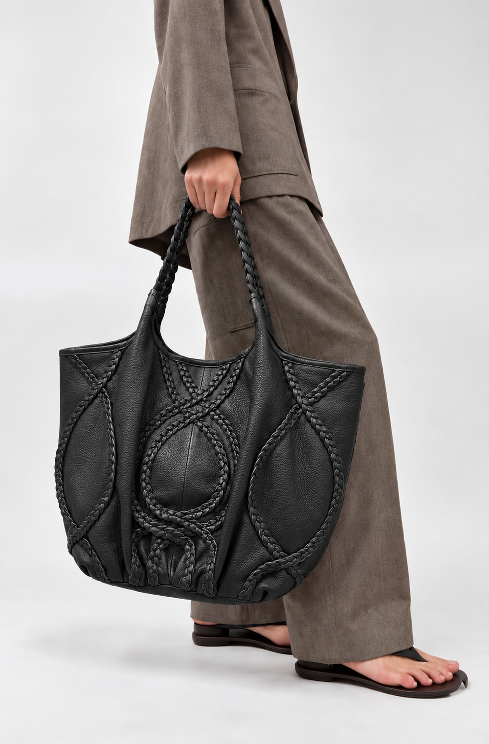 Braided Leather Tote Bag BLACK