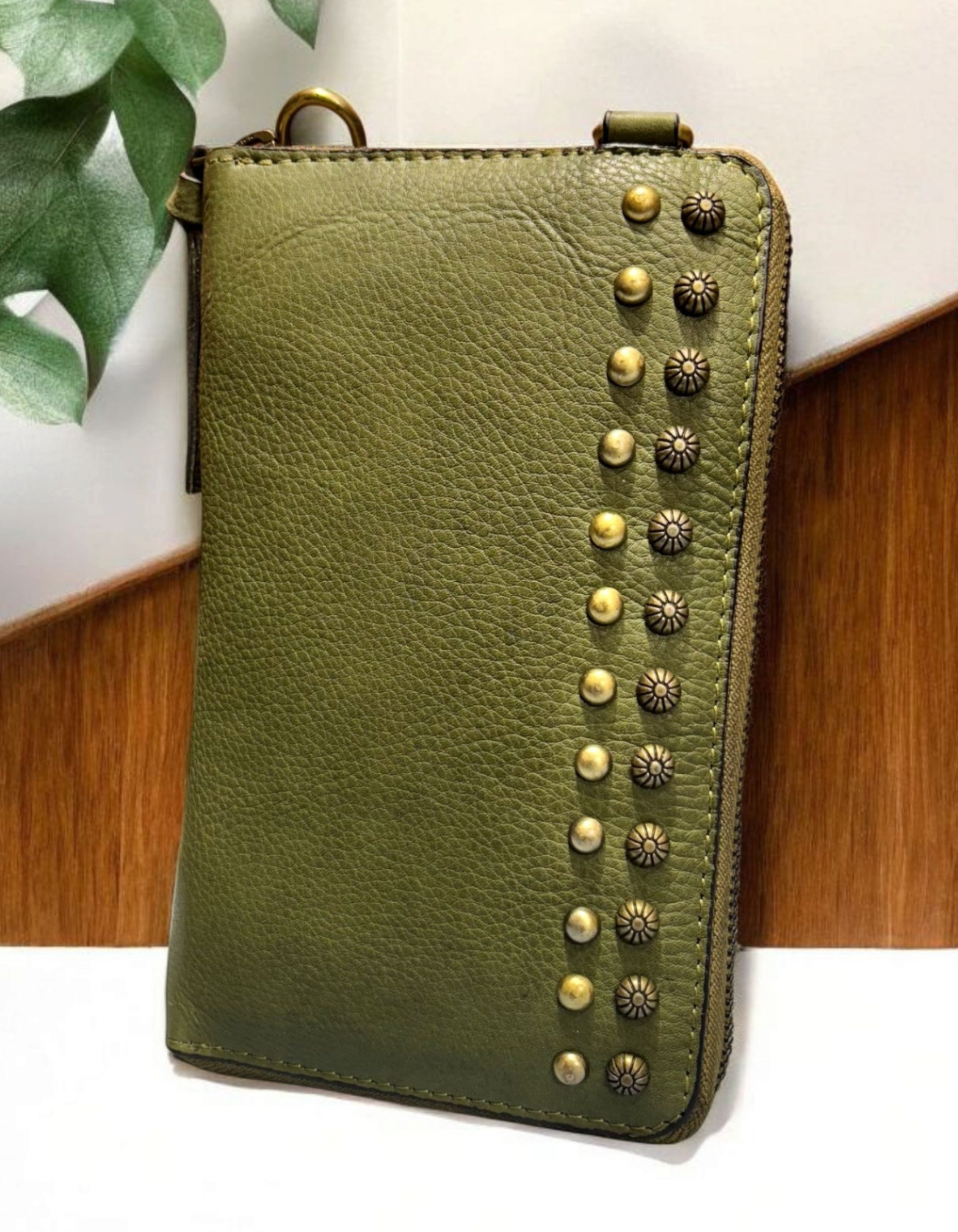 Women’s Olive Green Studded Leather Zip Wallet Wristlet