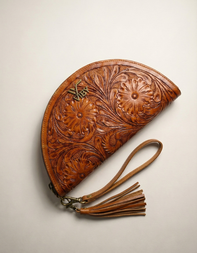 Handcrafted Tan Brown Tooled Leather Wristlet Clutch for Women Main Image