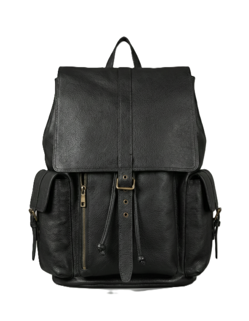 Unisex Black Genuine Leather Backpack with Front Pockets