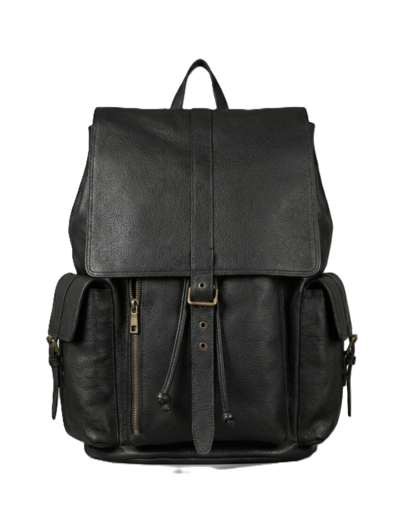 Unisex Black Genuine Leather Backpack with Front Pockets