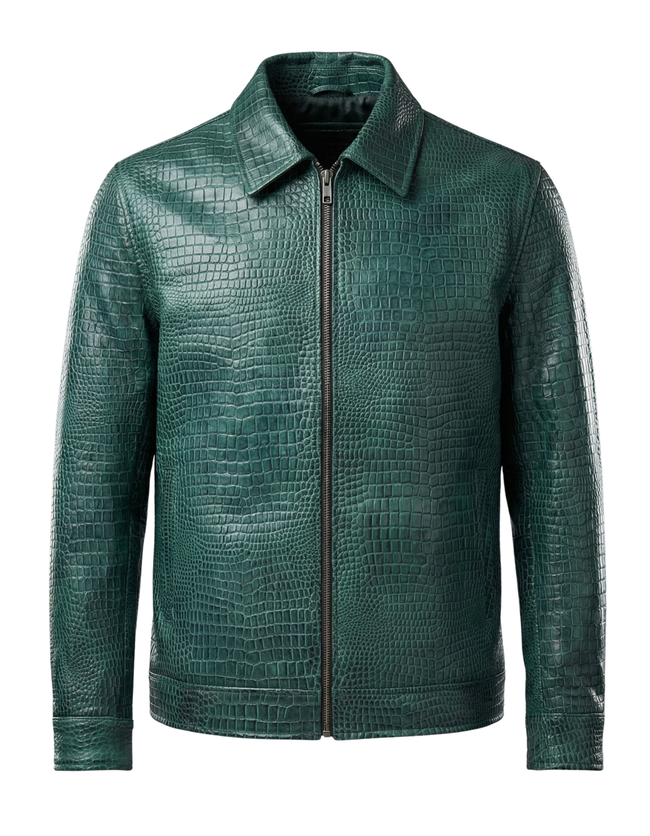 Premium Green Crocodile Texture Leather Jacket for Men Hover Image