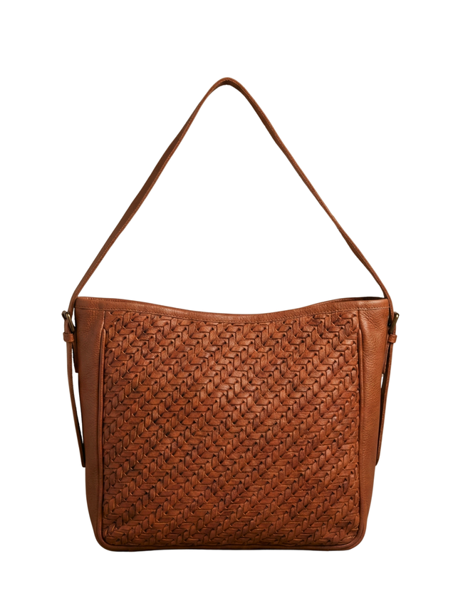 Women’s Tan Woven Leather Shoulder Bag – Premium Handcrafted Style Hover Image