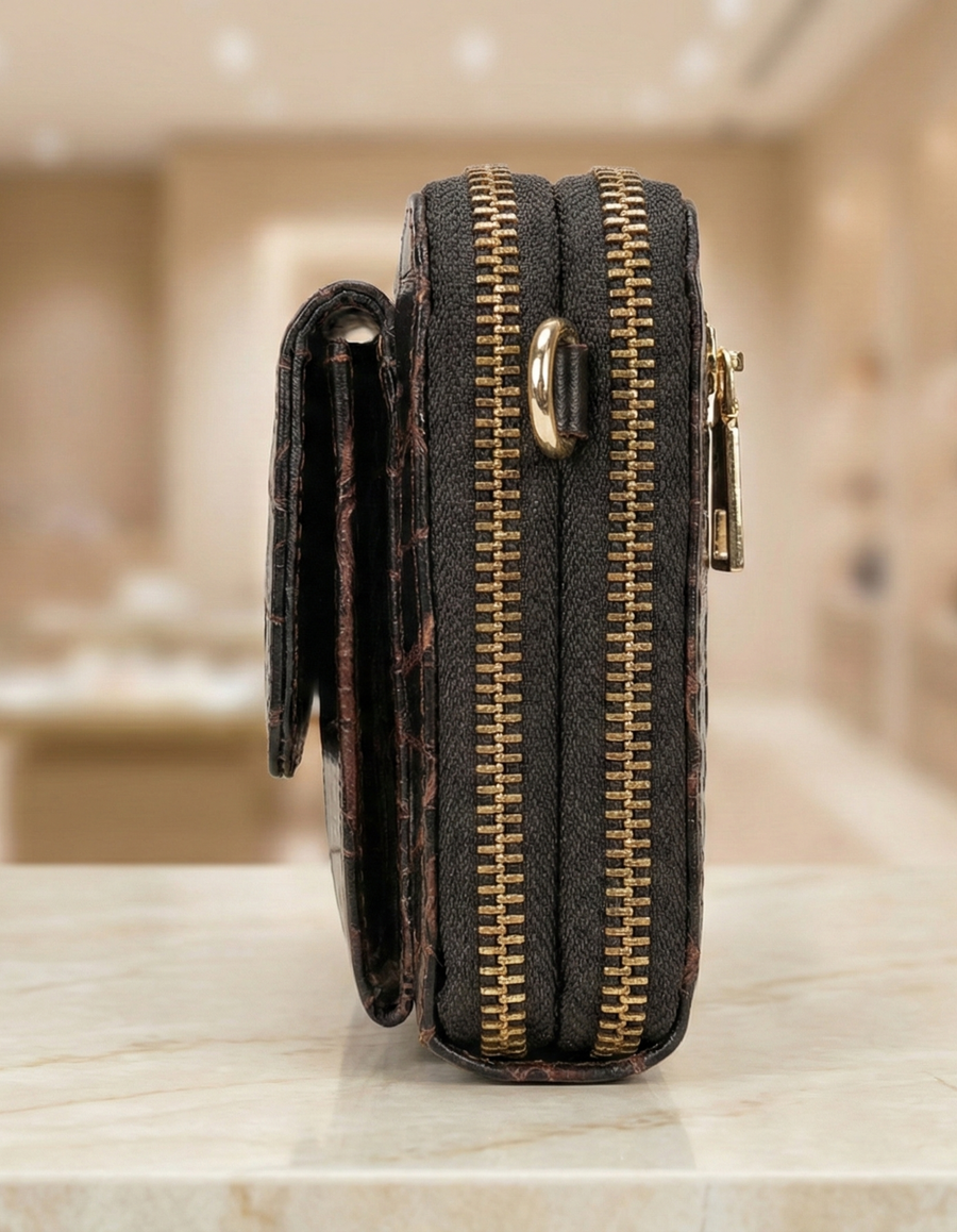 Women’s Dark Brown Croc-Embossed Leather Zip Wallet Clutch