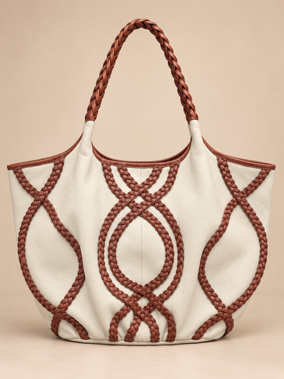 Braided Leather Tote Bag BROWN AND WHITE