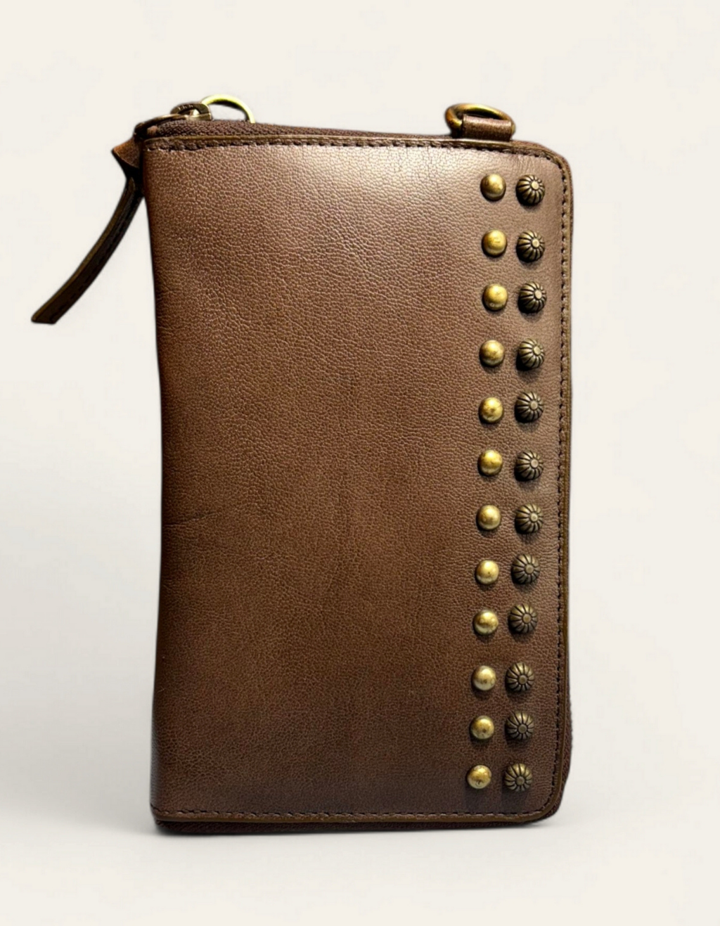 Women’s Brown Leather Zip Wallet with Stud Detailing