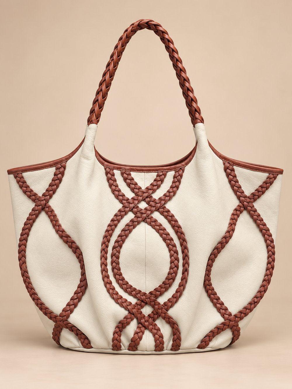 Braided Leather Tote Bag BROWN AND WHITE
