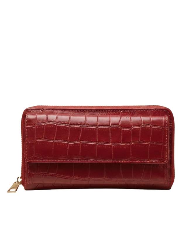 Women’s Croc-Embossed Leather Zip Wallet – Maroon Hover Image