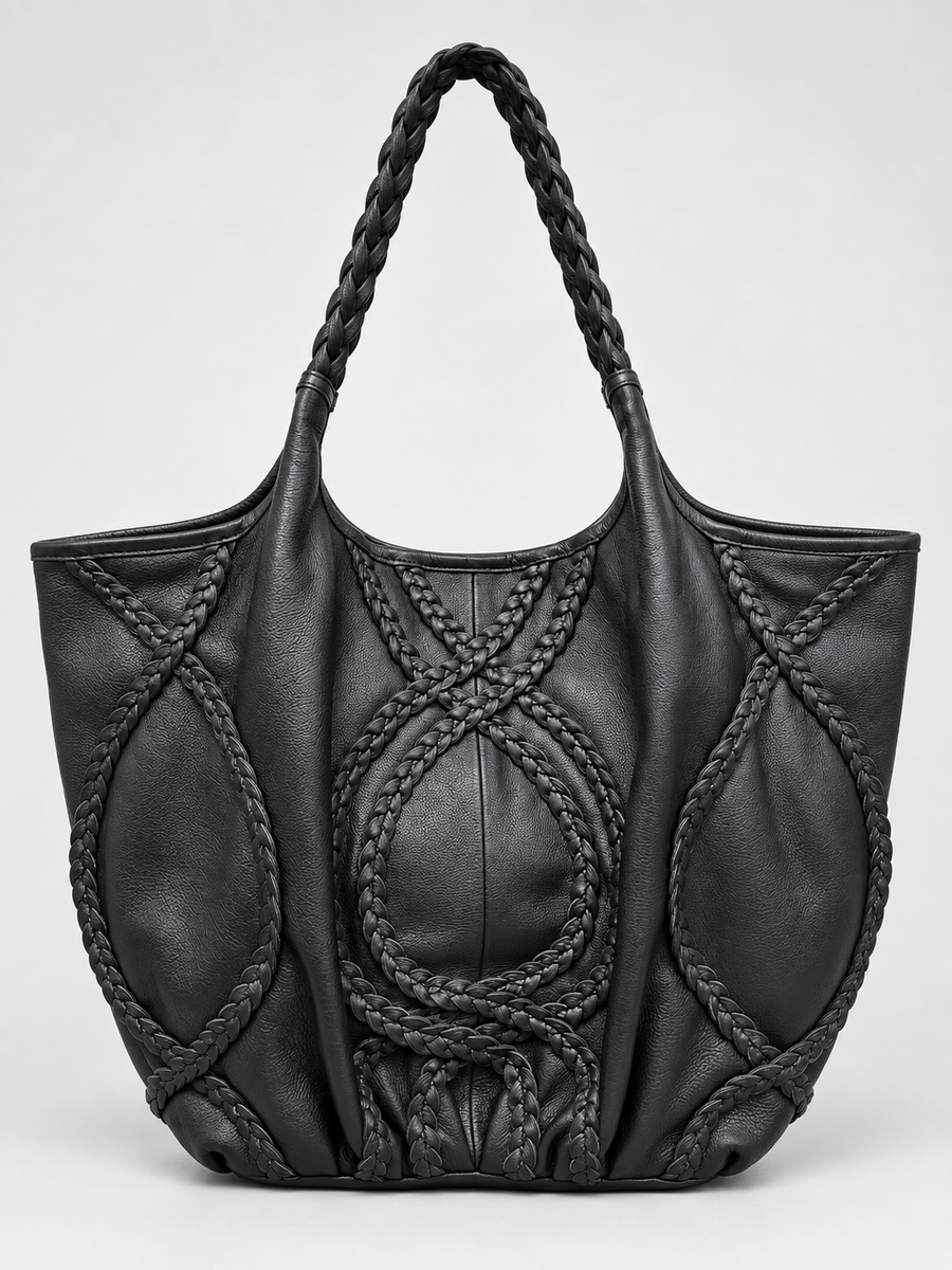 Braided Leather Tote Bag BLACK