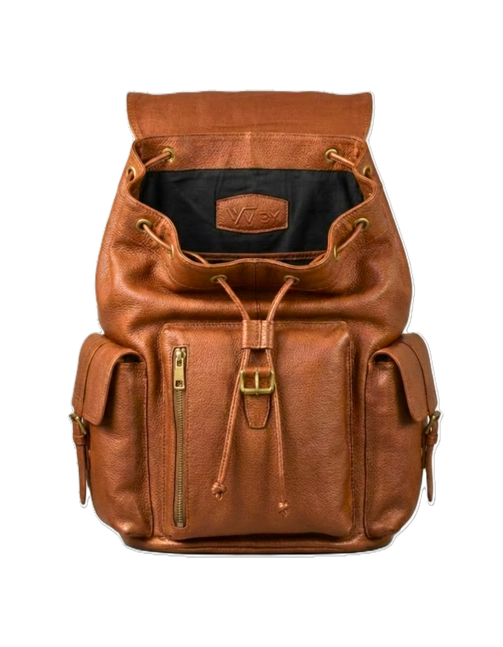 Tan Brown Genuine Leather Drawstring Backpack with Front Pockets