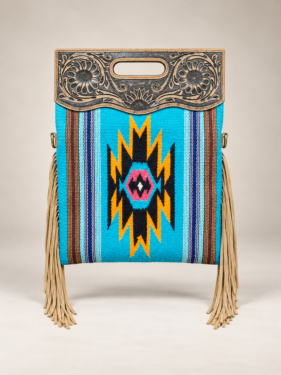 Leather Tribal Woven Fringe Tote Bag