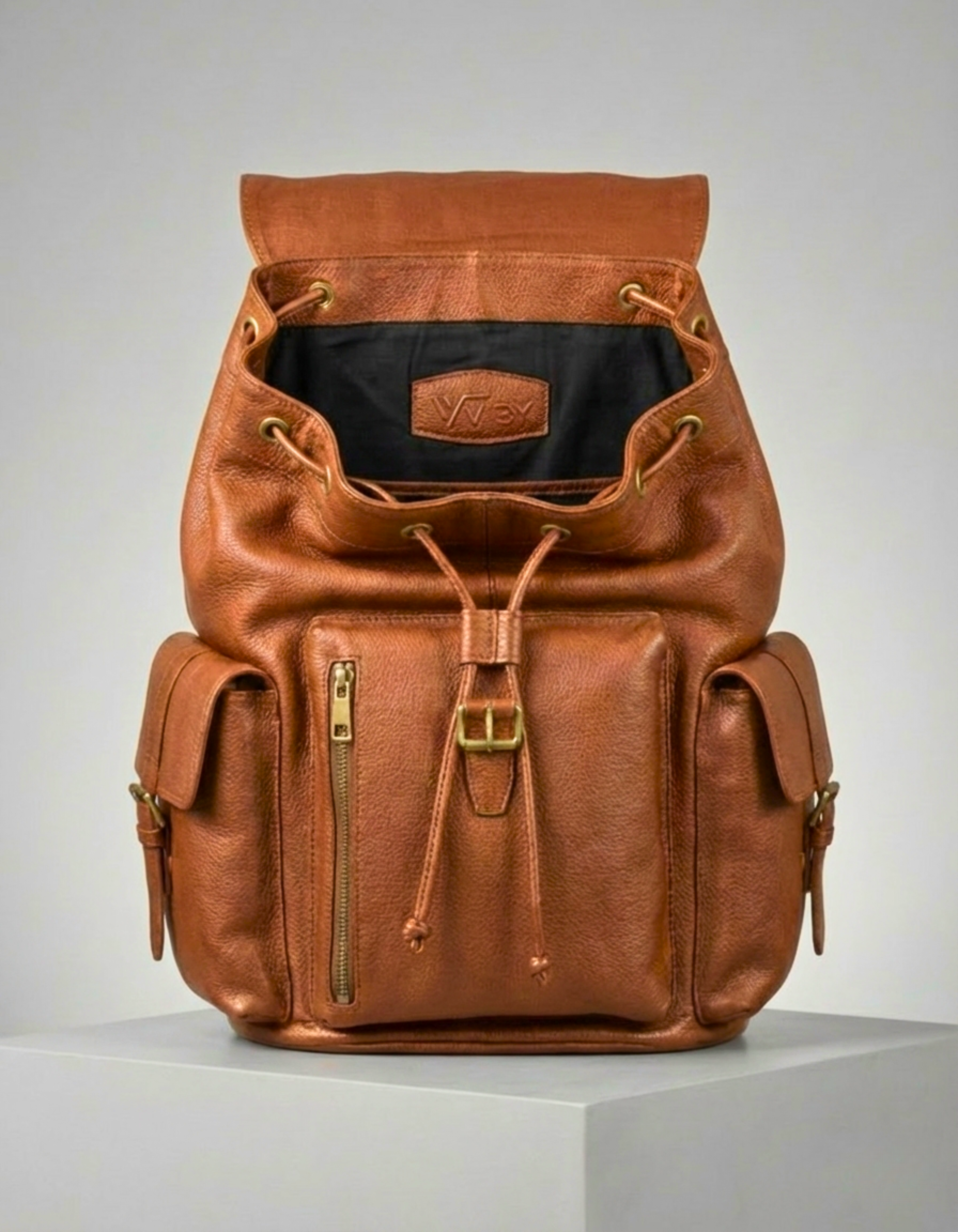 Tan Brown Genuine Leather Drawstring Backpack with Front Pockets