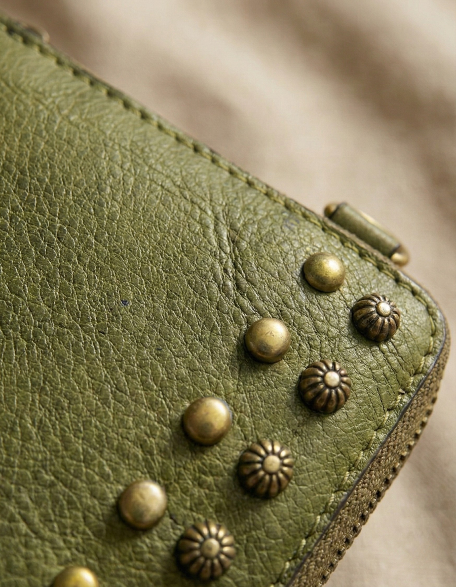 Women’s Olive Green Studded Leather Telephone Clutch Wallet