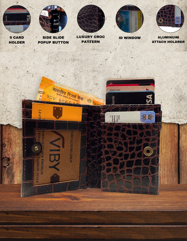 Premium Genuine Leather Wallet for Men – Crocodile Texture (Dark Brown) Main Image