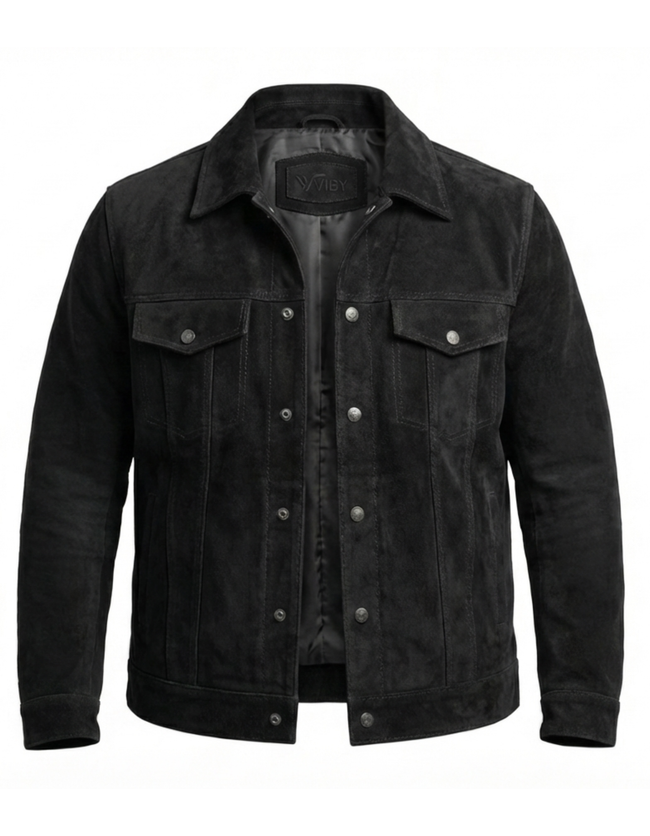 Men’s Black Genuine Leather Trucker Jacket – Classic Button Style Hover Image