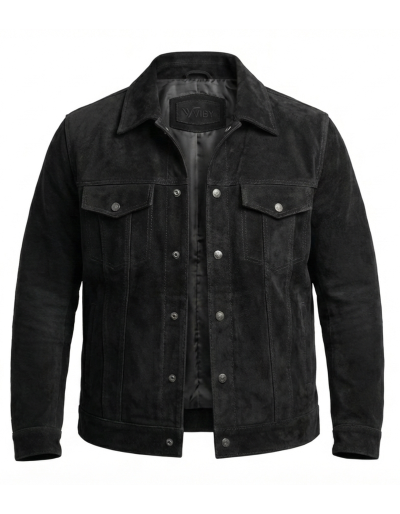 Men’s Black Genuine Leather Trucker Jacket – Classic Button Style
