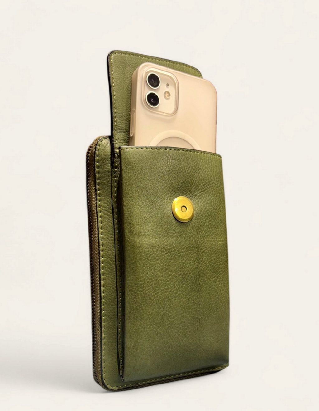 Women’s Olive Green Studded Leather Zip Wallet Wristlet