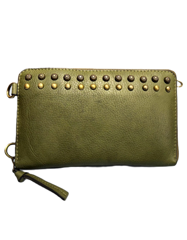 Women’s Olive Green Studded Leather Zip Wallet Wristlet Hover Image