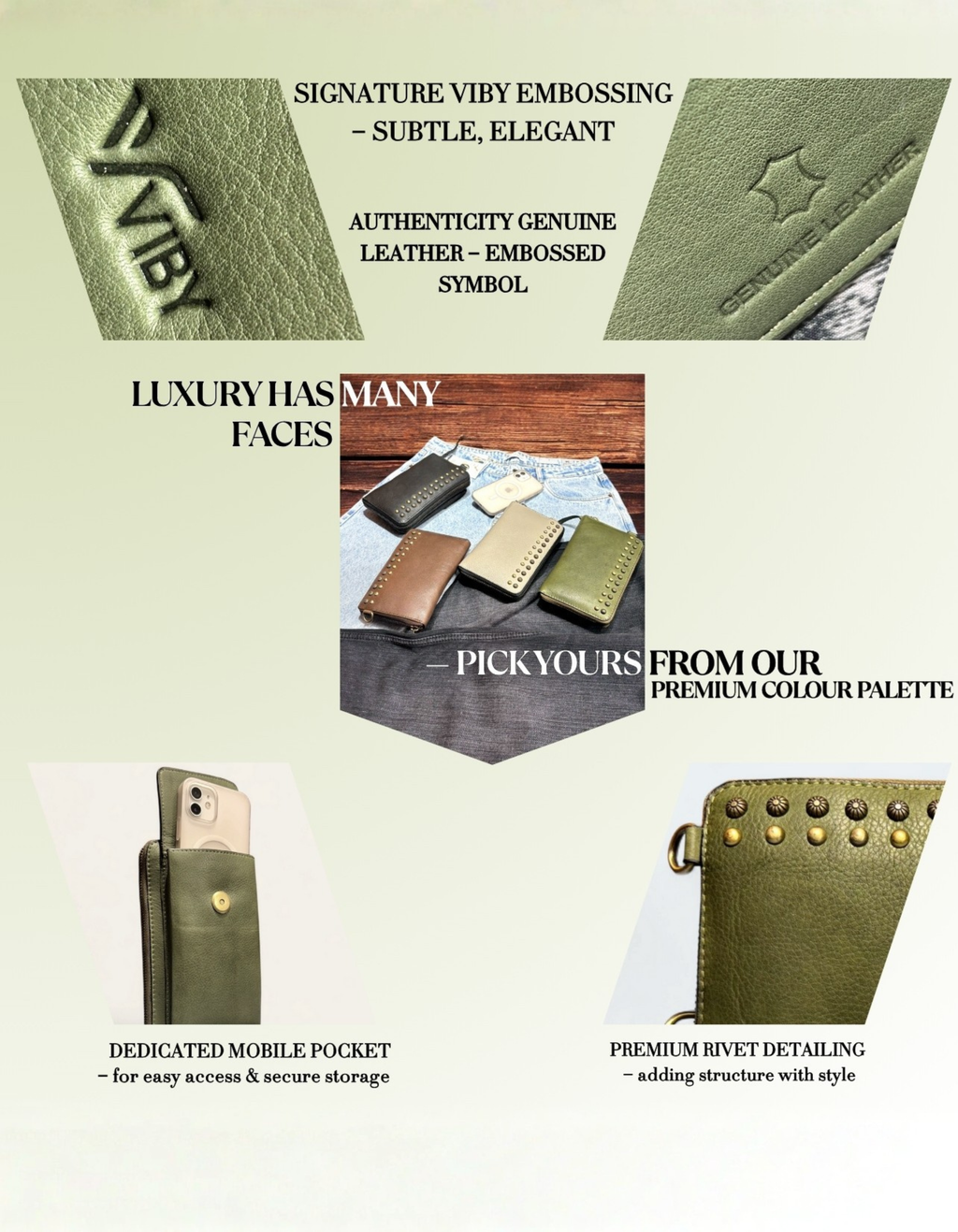 Women’s Olive Green Studded Leather Zip Wallet Wristlet