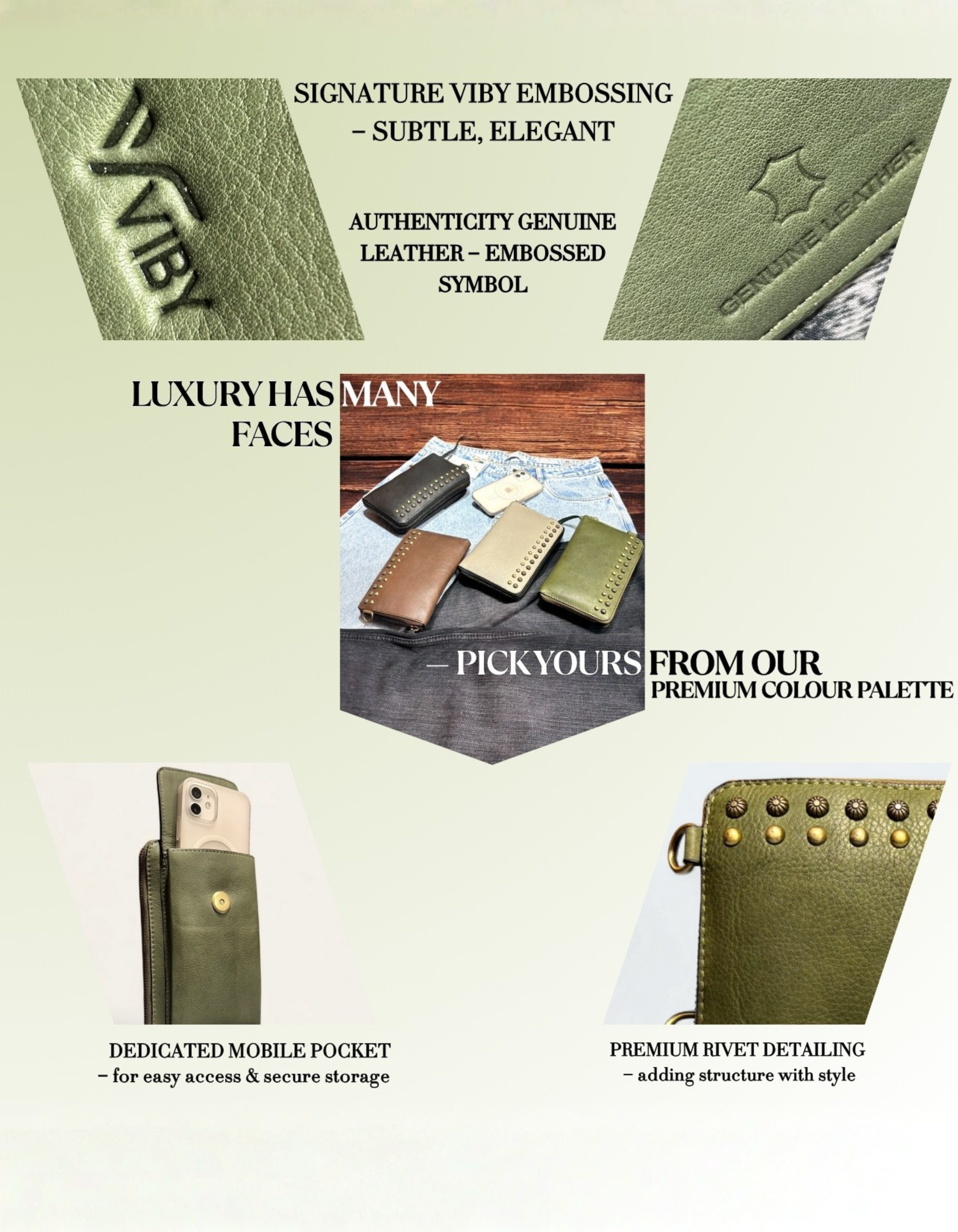 Women’s Olive Green Studded Leather Zip Wallet Wristlet