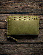Women’s Olive Green Studded Leather Zip Wallet Wristlet