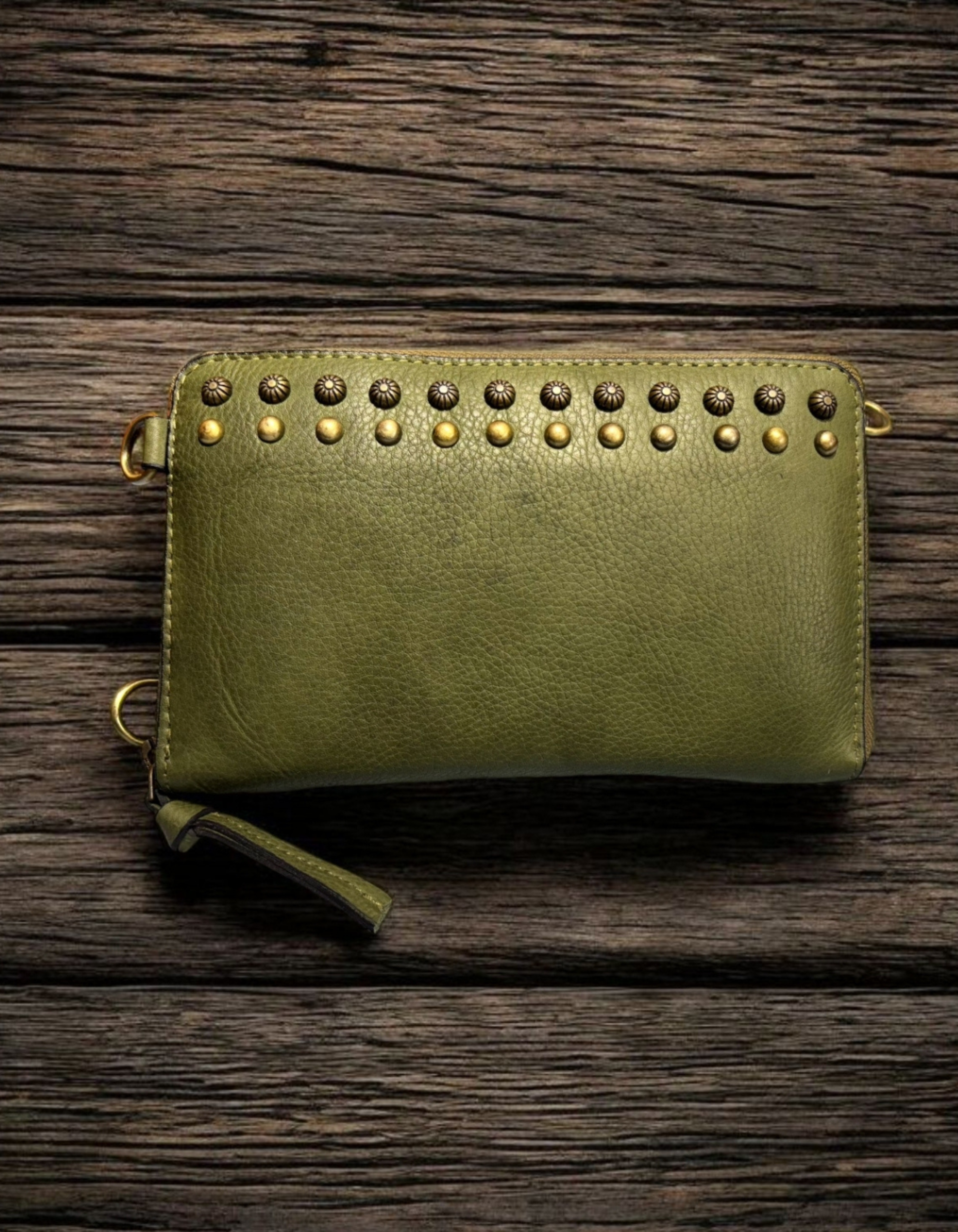 Women’s Olive Green Studded Leather Zip Wallet Wristlet