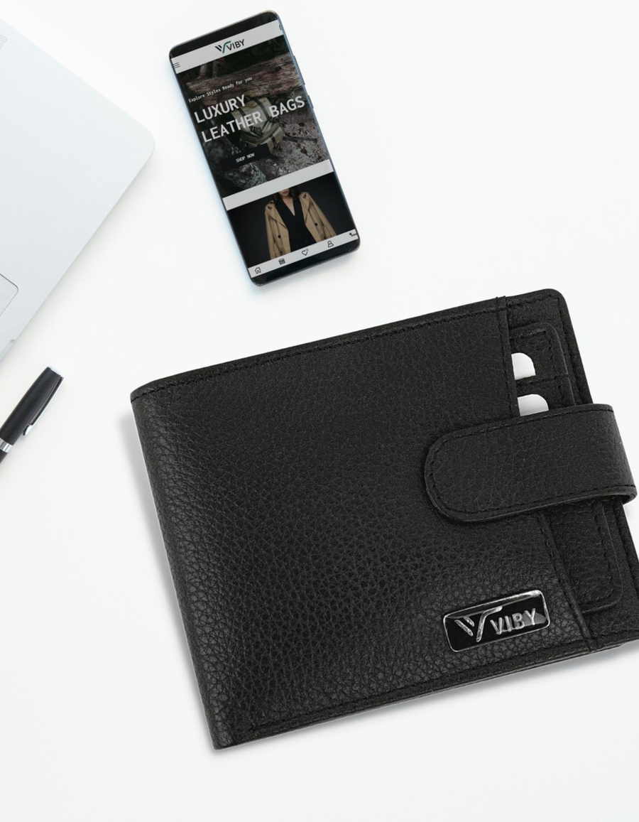 Premium Black Leather Wallet for Men with Button Closure