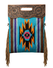 Artisan Handtooled Leather Tribal Woven Fringe Tote Bag – Turquoise